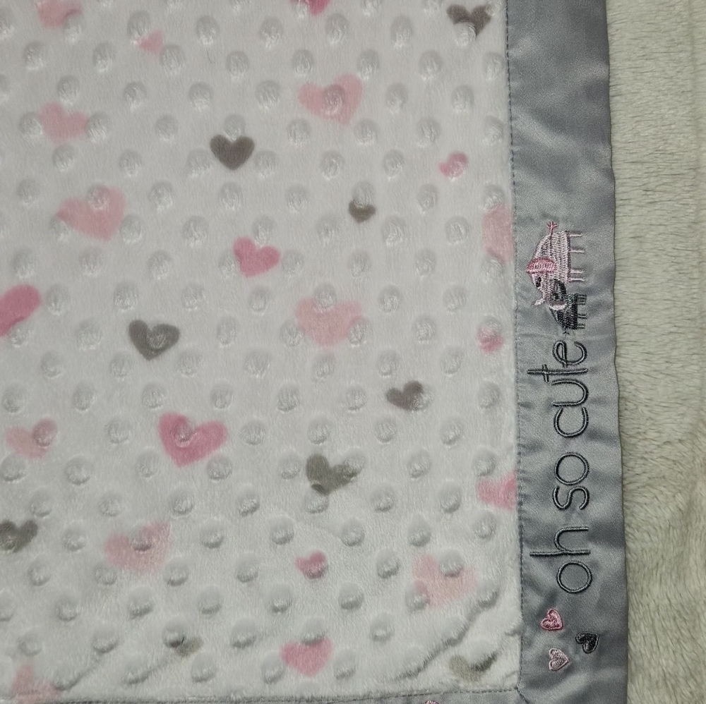 Just Born Oh So Cute Minky White Pink Hearts. Grey Satin Trim Baby Blanket 30x30 - Picture 2 of 6